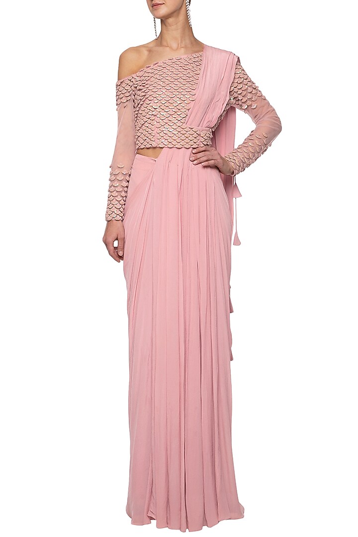 Brandy rose embroidered drape Wedding Saree set by Eshaani Jayaswal at Pernia's Pop Up Shop