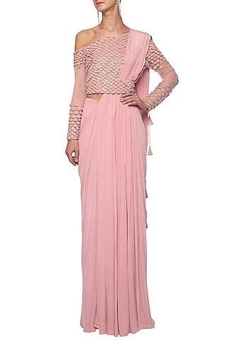 Brandy rose embroidered drape saree set by Eshaani Jayaswal
