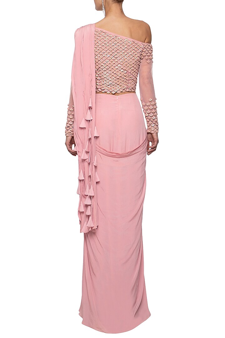 Brandy rose embroidered drape Wedding Saree set by Eshaani Jayaswal at Pernia's Pop Up Shop