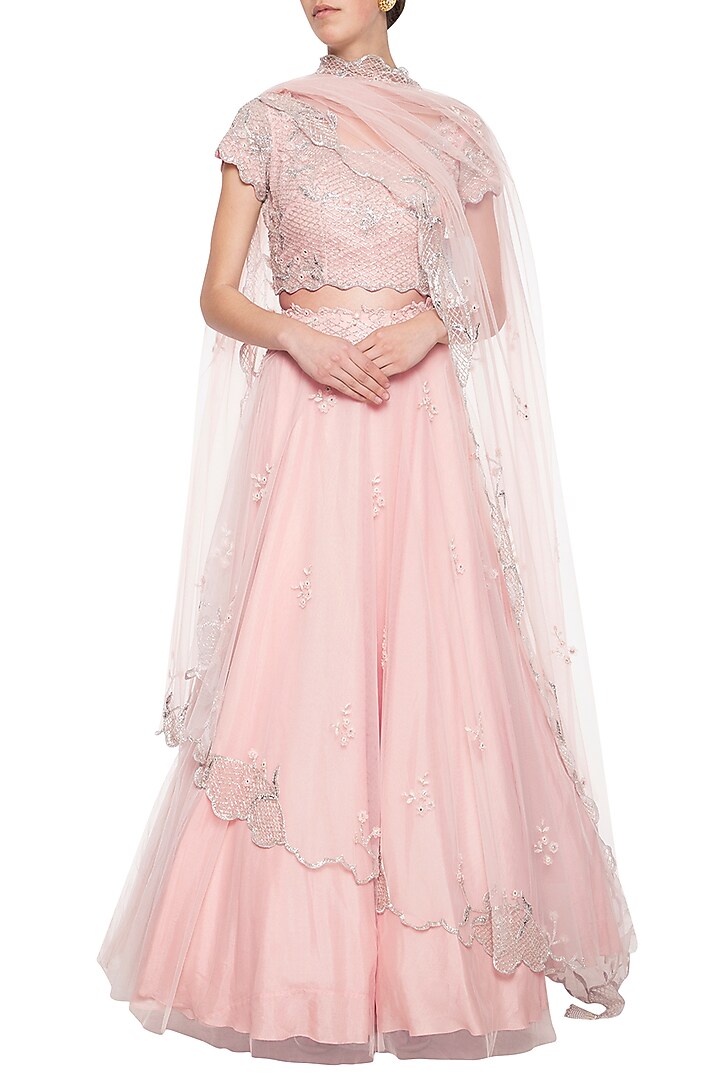 Tea rose embroidered Wedding Lehenga set by Eshaani Jayaswal at Pernia's Pop Up Shop