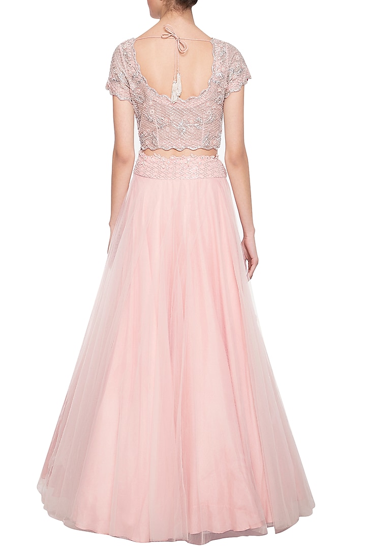 Tea rose embroidered Wedding Lehenga set by Eshaani Jayaswal at Pernia's Pop Up Shop