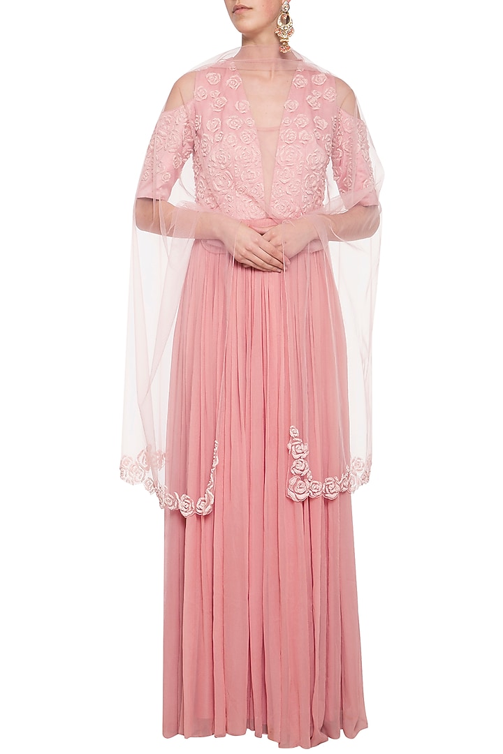 Brandy rose embroidered Wedding Anarkali gown set by Eshaani Jayaswal at Pernia's Pop Up Shop