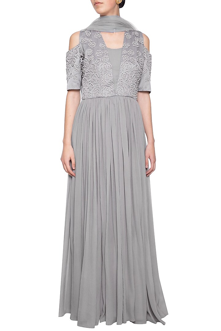 Grey embroidered Wedding Anarkali gown set by Eshaani Jayaswal at Pernia's Pop Up Shop
