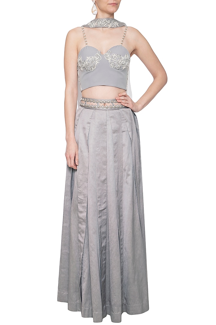Grey embroidered corset Wedding Lehenga set by Eshaani Jayaswal at Pernia's Pop Up Shop
