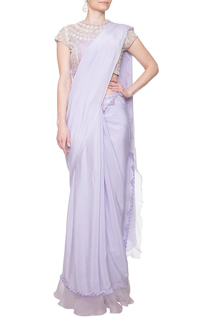 Lavender embroidered ruffle Wedding Saree set by Eshaani Jayaswal at Pernia's Pop Up Shop
