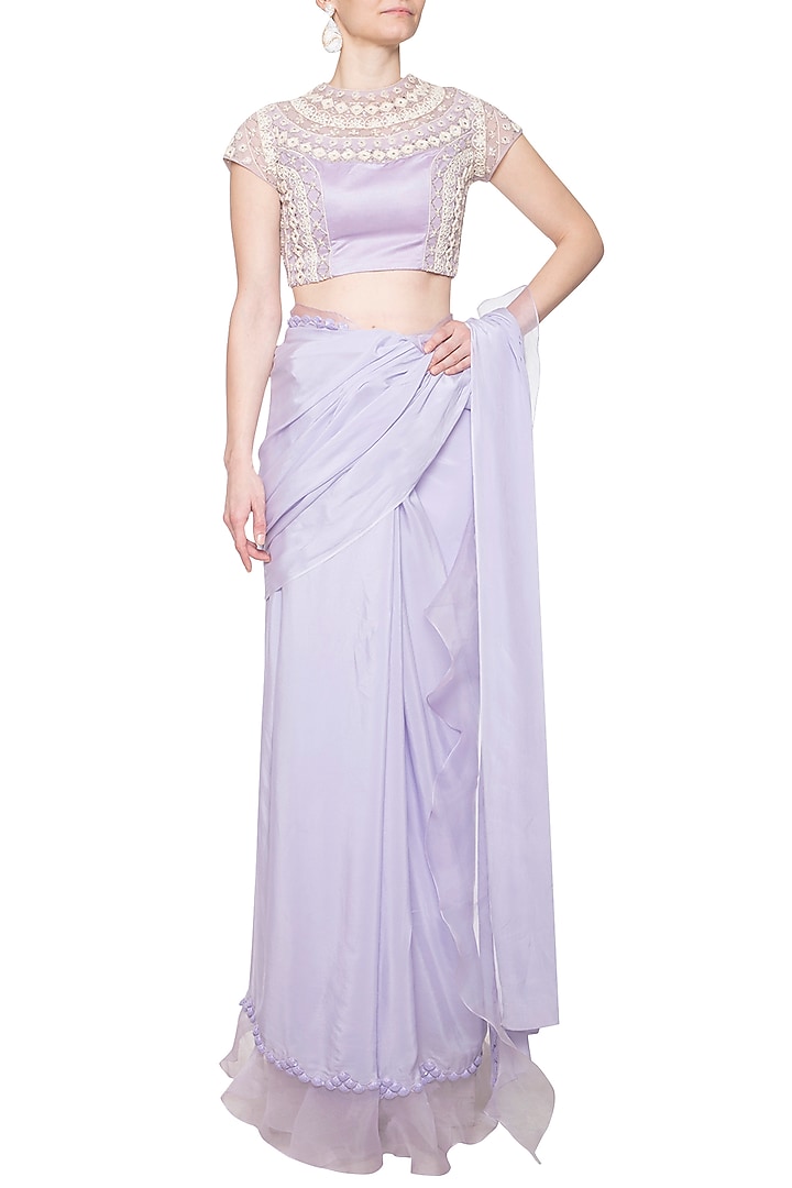 Lavender embroidered ruffle Wedding Saree set by Eshaani Jayaswal at Pernia's Pop Up Shop
