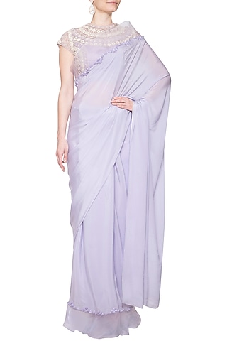 Lavender embroidered ruffle saree set by Eshaani Jayaswal