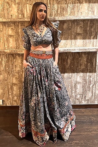 Grey Mulmul Botanical Printed Lehenga Set by Rocky Star