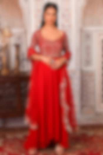 Red Sequins Embellished Party Wear Anarkali Set  by Esha Koul at Pernia's Pop Up Shop