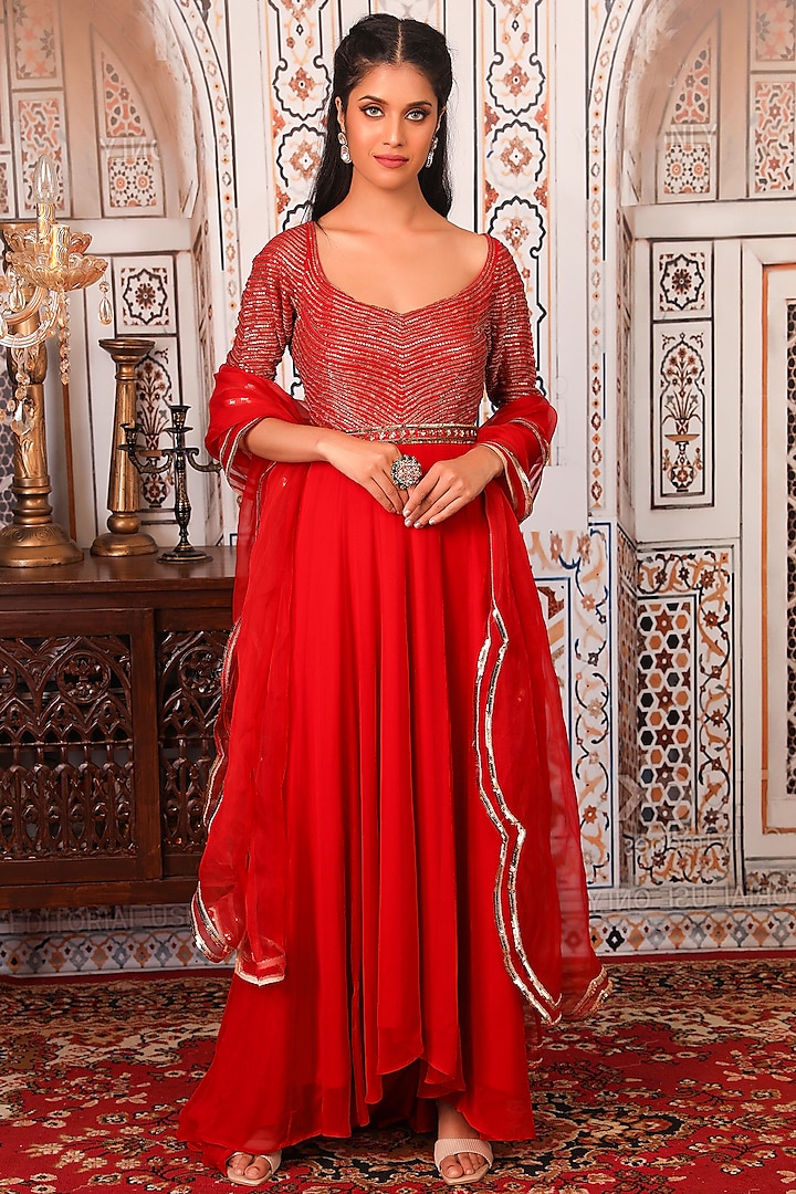 Red Sequins Embellished Party Wear Anarkali Set  by Esha Koul at Pernia's Pop Up Shop