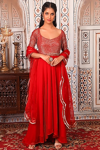 Red Sequins Embellished Anarkali Set  by Esha Koul