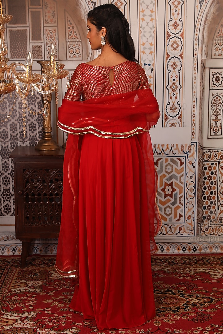 Red Sequins Embellished Wedding Anarkali Set by Esha Koul at Pernia's Pop Up Shop