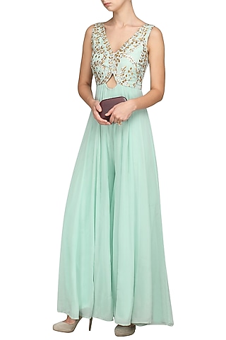 Ice Blue Embroidered Jumpsuit by Esha Koul