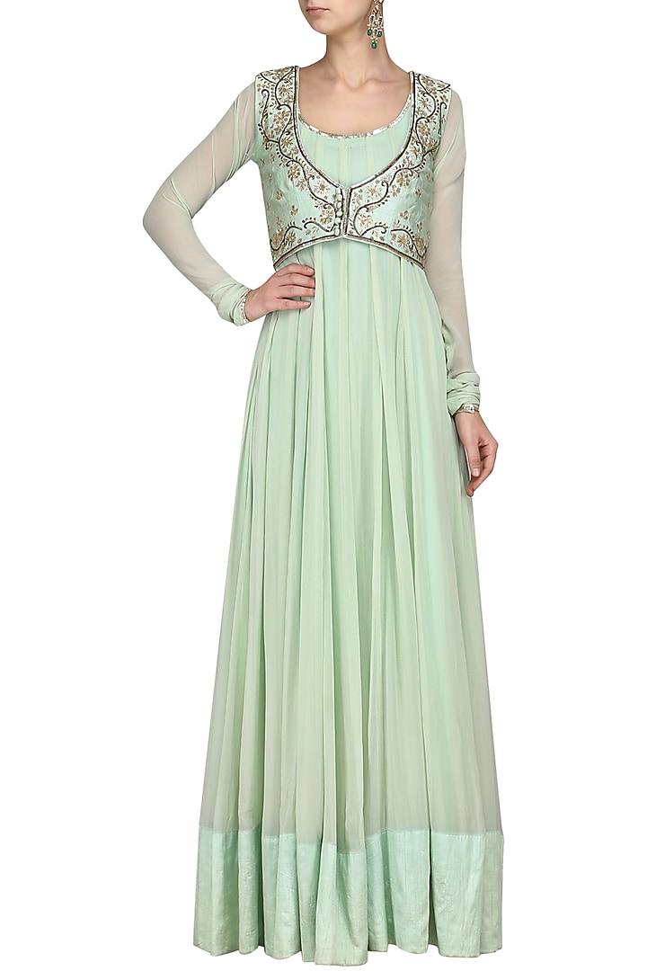 Ice blue embroidered anarkali with jacket available only at Pernia's Pop Up Shop.