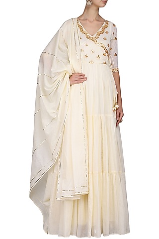 Off White Cotton Gota Embroidered Anarkali Set by Esha Koul