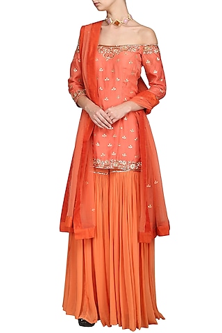 Coral Off Shoulder Sharara Set by Esha Koul
