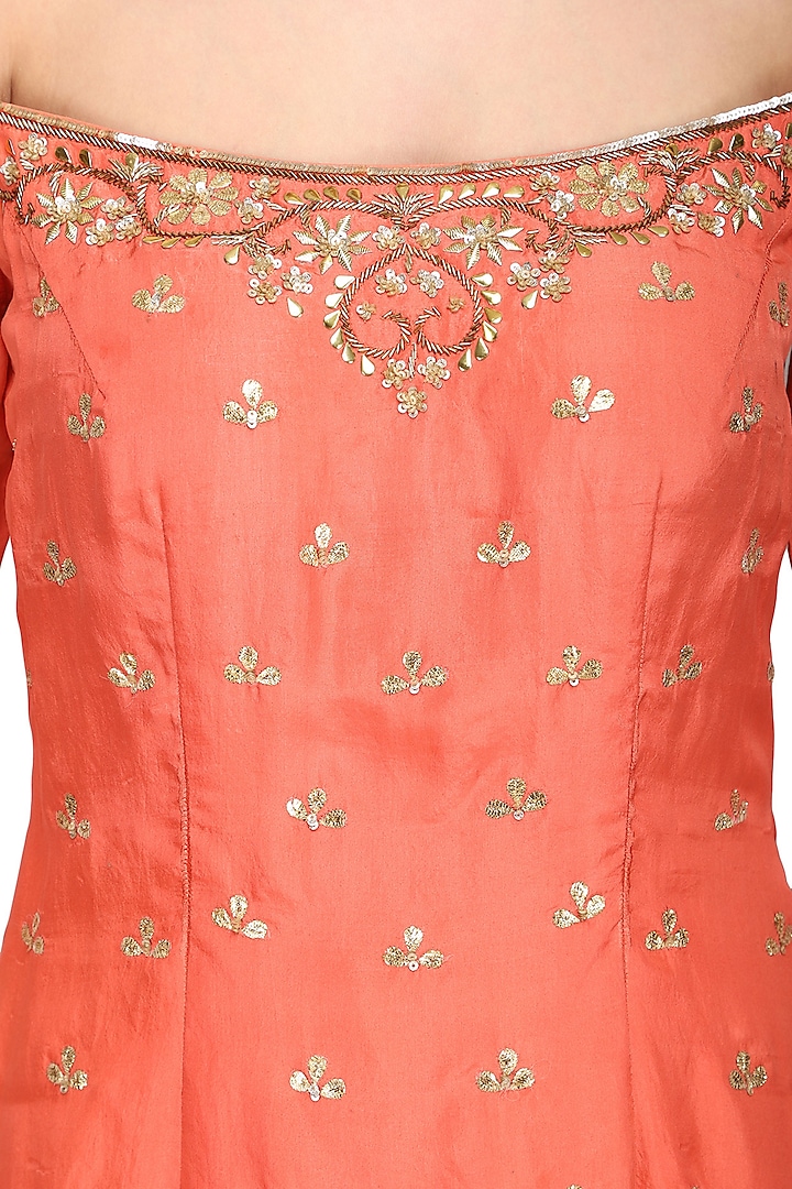 Coral off shoulder sharara set available only at Pernia's Pop Up Shop.