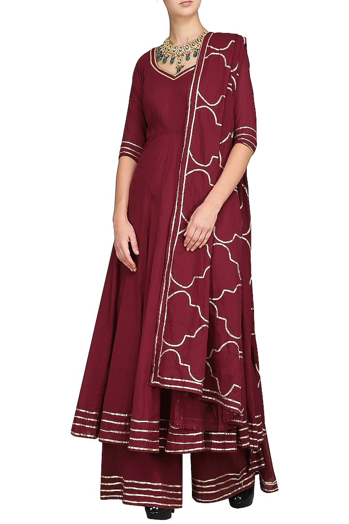 Maroon embroidered anarkali with palazzo pants available only at Pernia's Pop Up Shop.