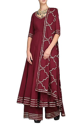 Maroon Embroidered Anarkali with Palazzo Pants by Esha Koul
