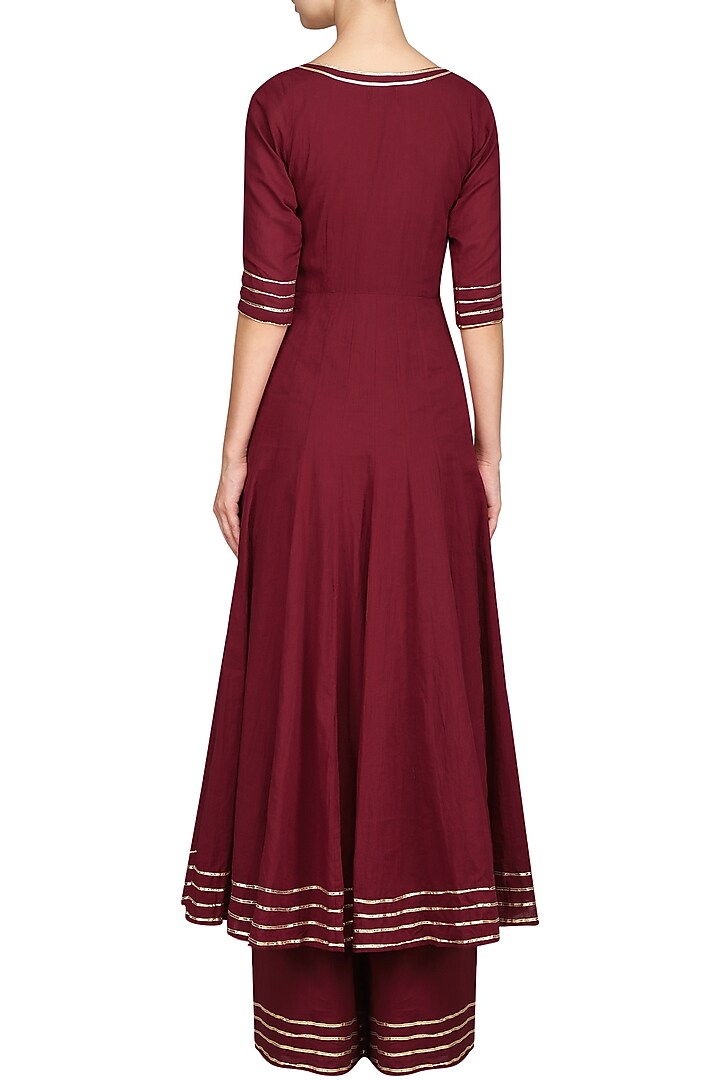 Maroon embroidered anarkali with palazzo pants available only at Pernia's Pop Up Shop.