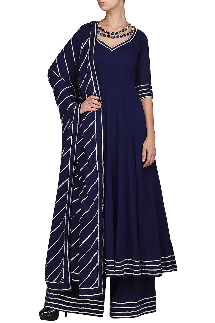 Blue embroidered anarkali with palazzo pants available only at Pernia's Pop Up Shop.