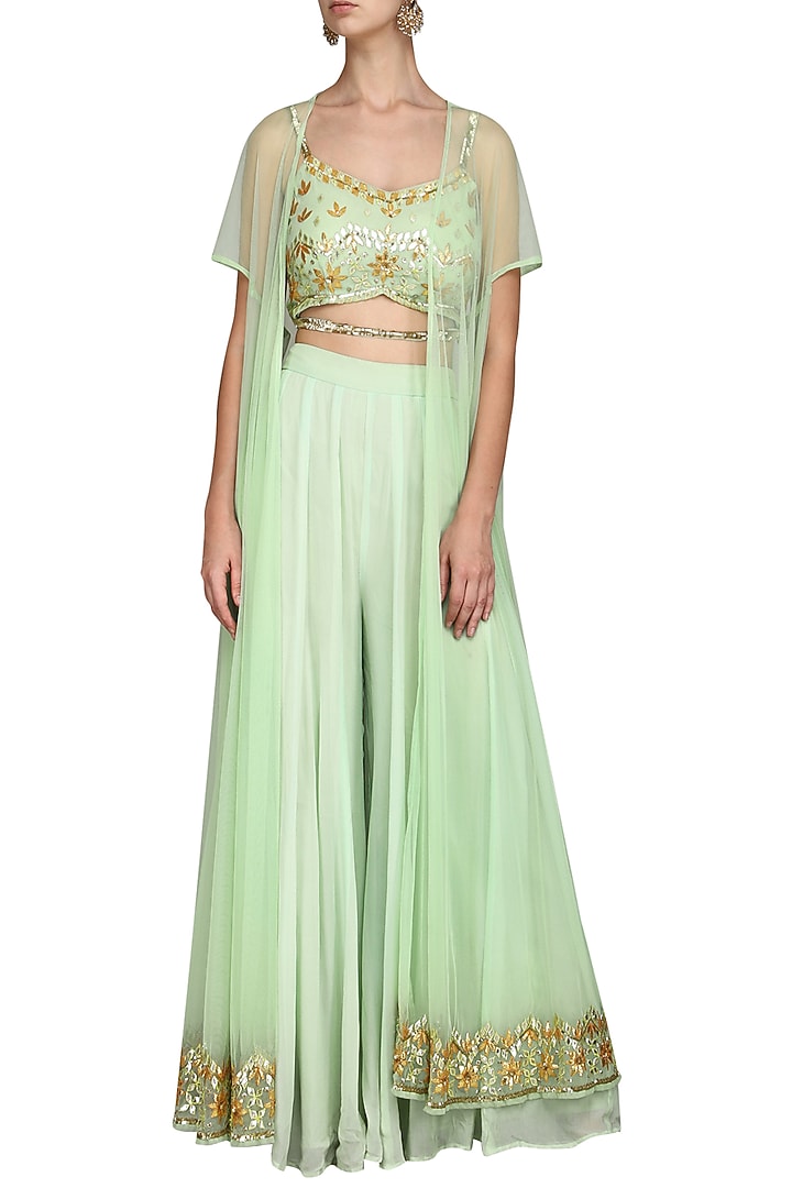 Mint green cape with crop top and palazzo pants available only at Pernia's Pop Up Shop.