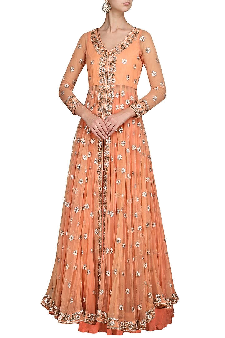 Coral dabka embroidered jacket with lehenga skirt available only at Pernia's Pop Up Shop.