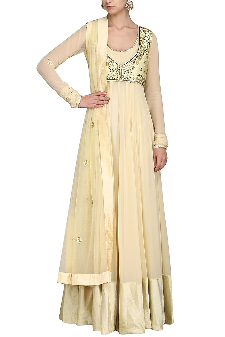 Ivory hand embroidered anarkali with jacket available only at Pernia's Pop Up Shop.