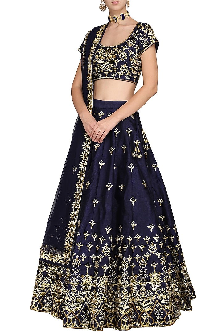 Dark blue embellished lehenga set available only at Pernia's Pop Up Shop.