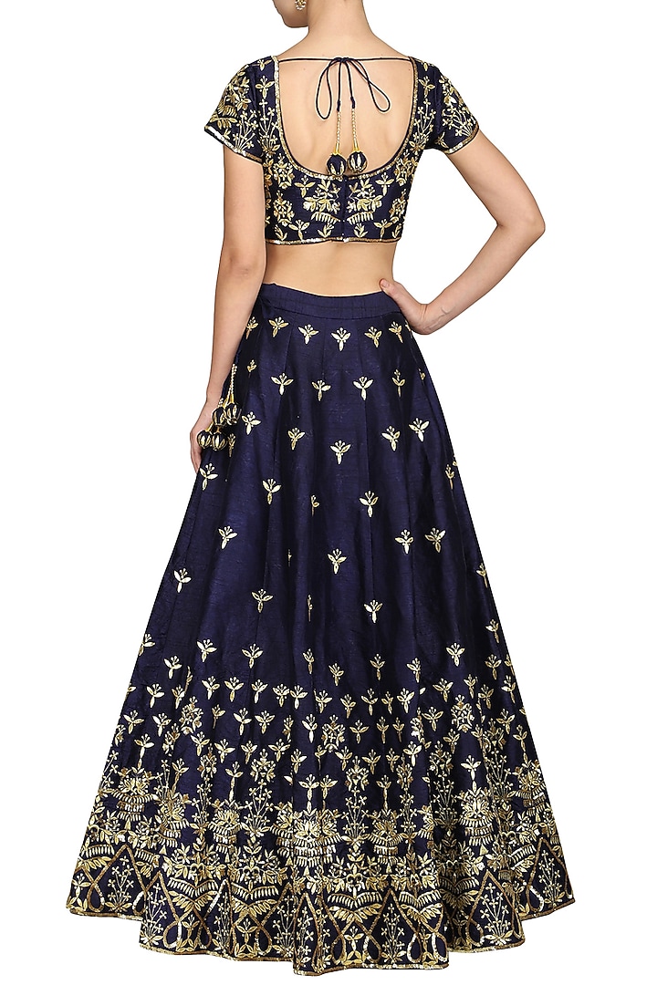 Dark blue embellished lehenga set available only at Pernia's Pop Up Shop.