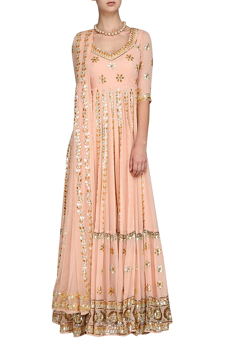 Baby pink embroidered anarkali gown available only at Pernia's Pop Up Shop.