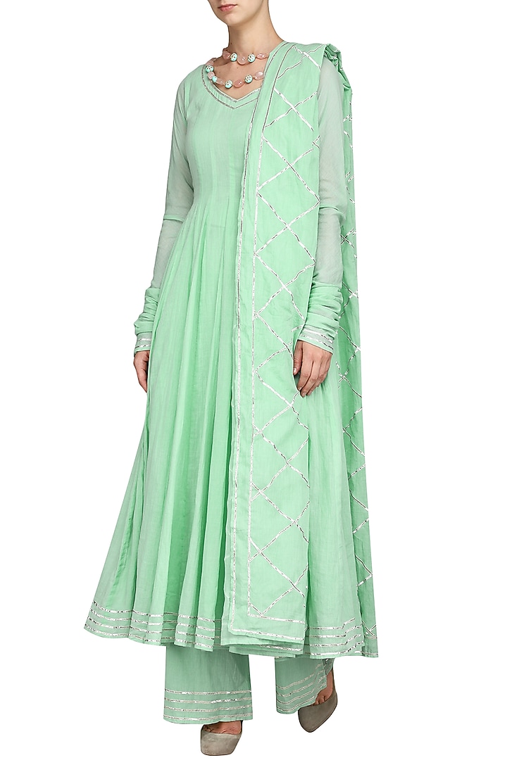 Mint green gota embroidered anarkali set available only at Pernia's Pop Up Shop.