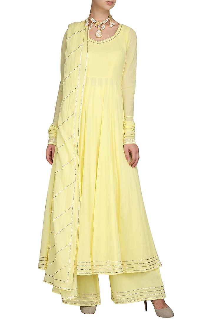 Light yellow gota embroidered anarkali set available only at Pernia's Pop Up Shop.