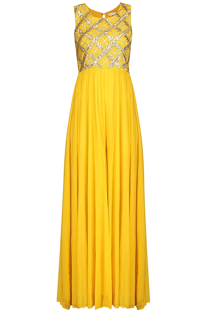Yellow Gota Embroidered Jumpsuit by Esha Koul