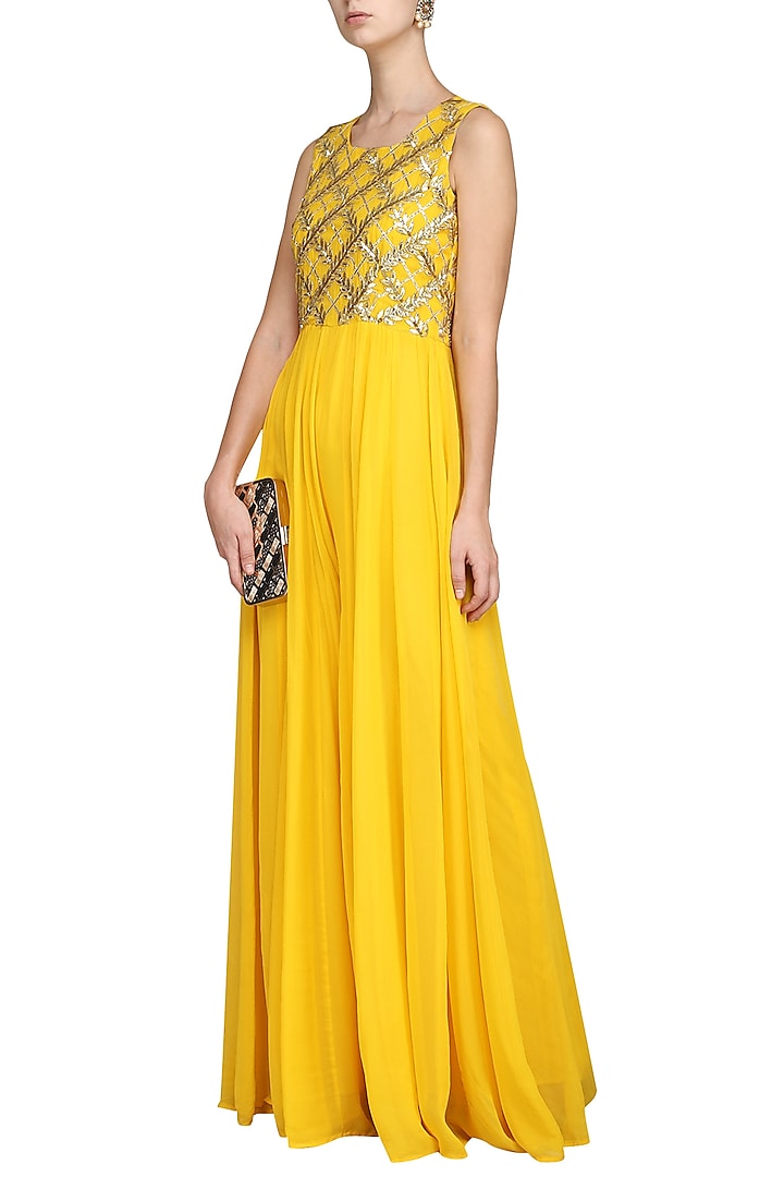 Yellow gota embroidered jumpsuit available only at Pernia's Pop Up Shop.