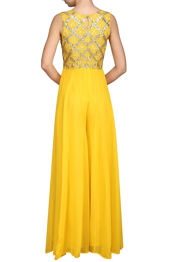 Yellow gota embroidered jumpsuit available only at Pernia's Pop Up Shop.
