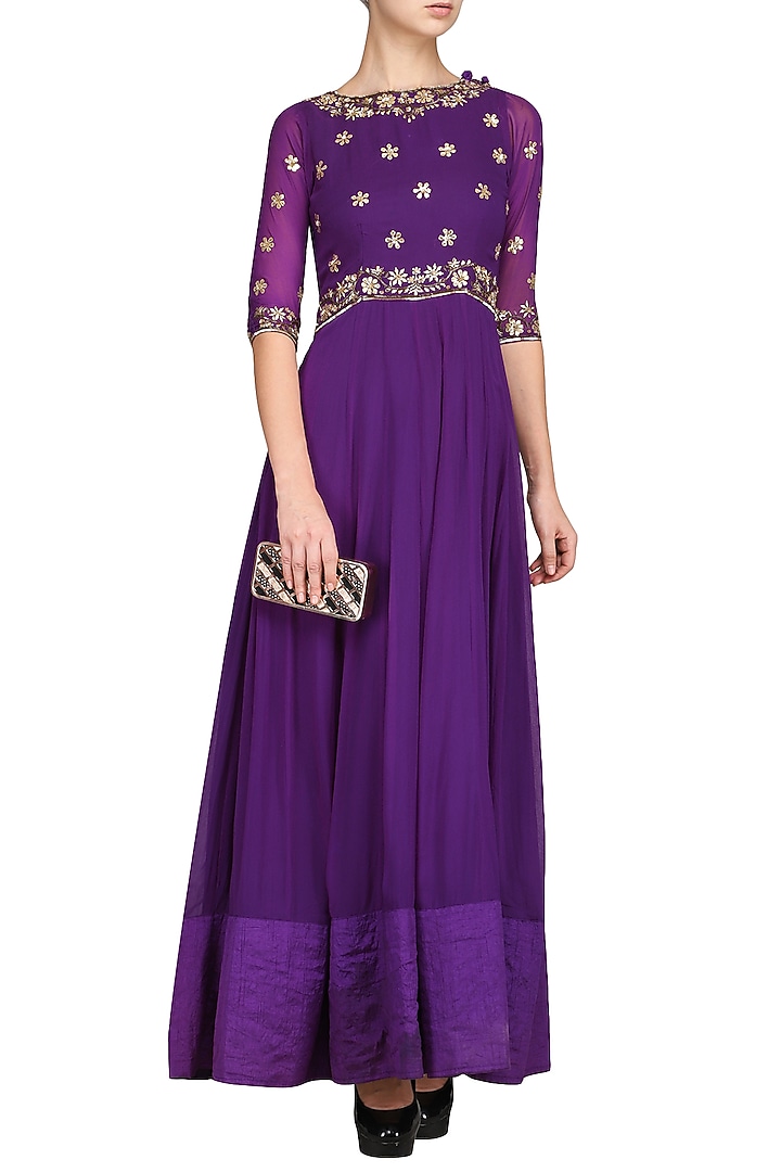 Purple embroidered anarkali gown available only at Pernia's Pop Up Shop.