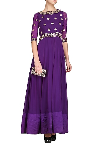 Purple Embroidered Anarkali Gown by Esha Koul