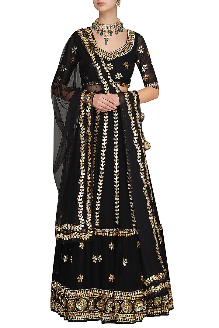 Black sequin and gota embroidered lehenga set available only at Pernia's Pop Up Shop.
