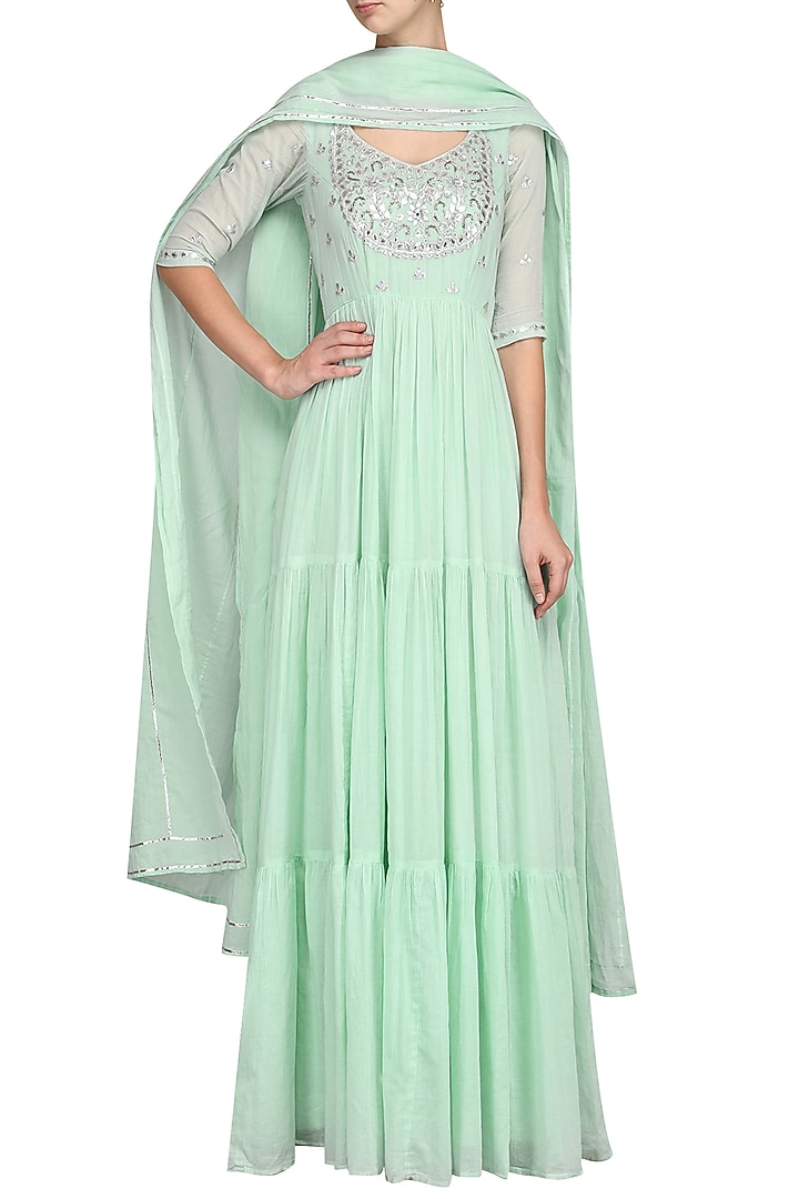 Mint green embroidered anarkali gown available only at Pernia's Pop Up Shop.
