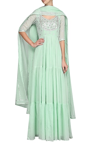Mint Green Embroidered Anarkali Gown by Esha Koul
