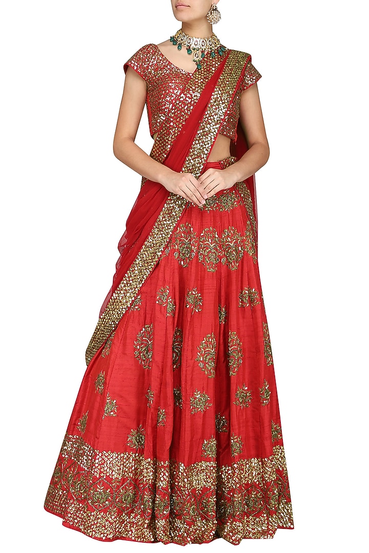 Red embroidered lehenga set available only at Pernia's Pop Up Shop.