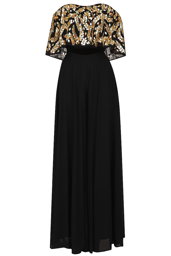 Black embroidered off shoulder blouse with palazzo pants available only at Pernia's Pop Up Shop.