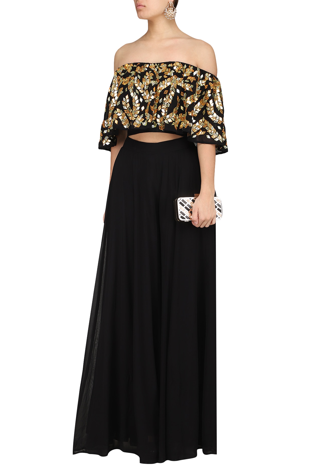 Black embroidered off shoulder blouse with palazzo pants available