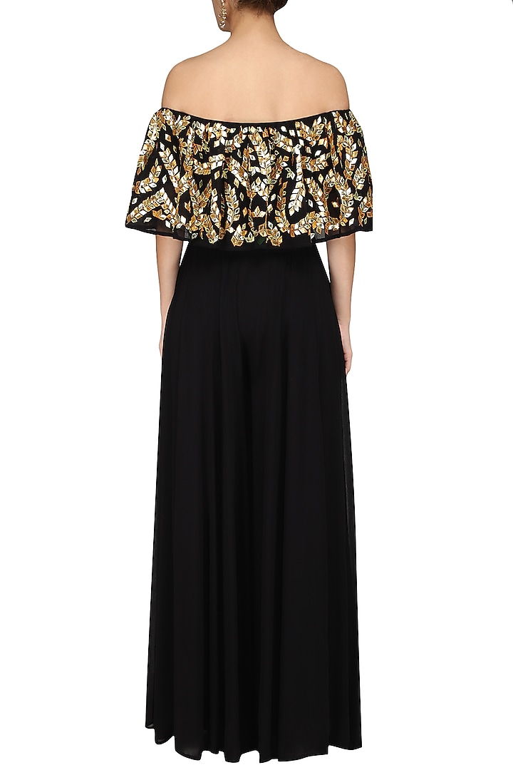 Black embroidered off shoulder blouse with palazzo pants available only at Pernia's Pop Up Shop.