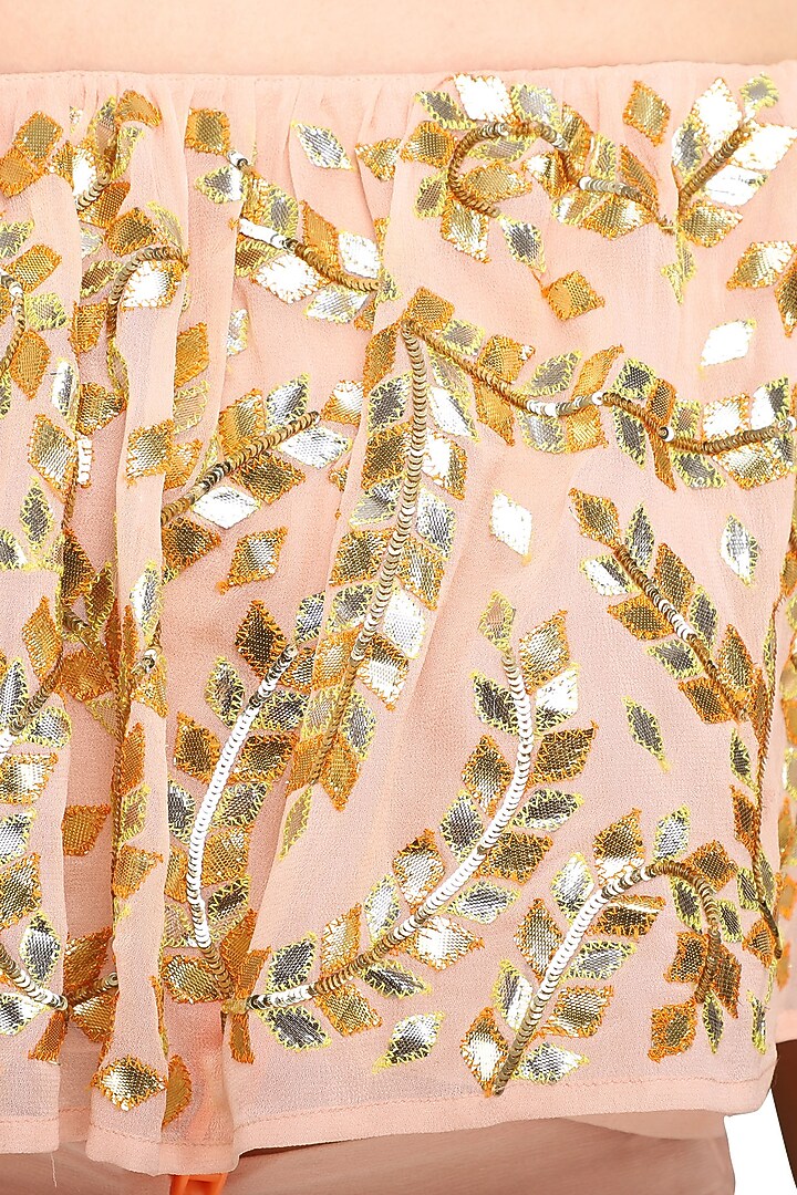 Baby pink off shoulder blouse with lehenga skirt available only at Pernia's Pop Up Shop.