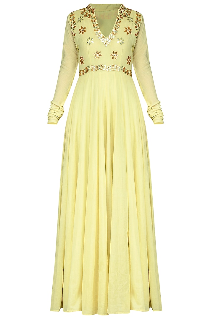Light Yellow Embroidred Anarkali Gown by Esha Koul