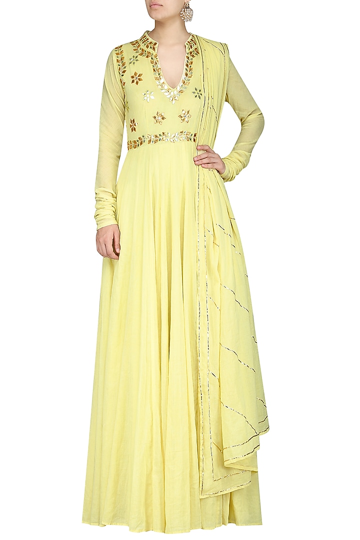 Light yellow embroidred anarkali gown available only at Pernia's Pop Up Shop.