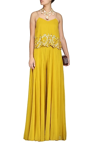 Mustard Embroidered Top With Palazzo Pants by Esha Koul