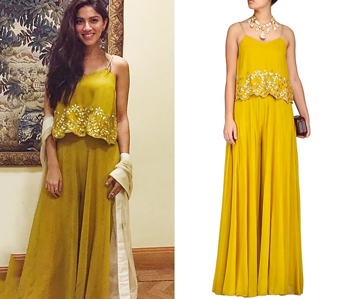 Mustard embroidered top with palazzo pants available only at Pernia's Pop Up Shop.